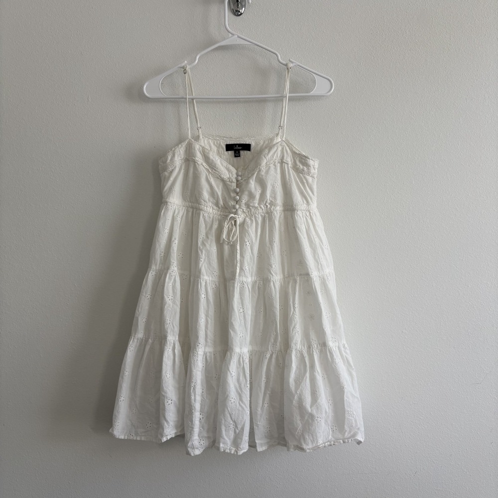 Lulu's Dress Women M White Broderie Anglaise Tiered Mini Babydoll Boho Beachy